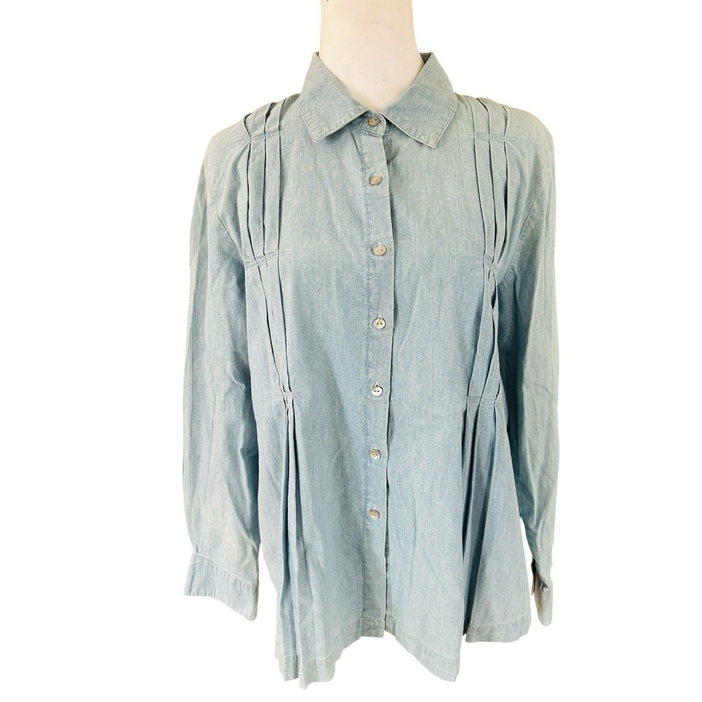 J Jill Chambray Pleated Shirt Womans SZ M Casual